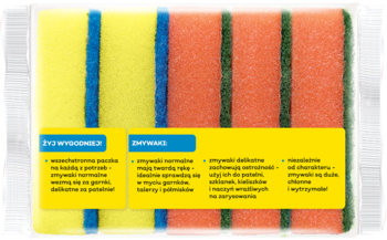 Dwa zestawy zmywaków JAN Niezbędny w folii: żółto-niebieski i pomarańczowo-zielony, widok z przodu.