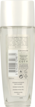 Chanson d'Eau Original dezodorant naturalny w sprayu dla kobiet, tył opakowania, przezroczysta butelka 75ml.