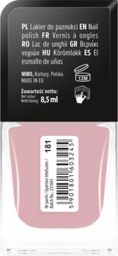Jasnoróżowy lakier Wibo Extreme Nails, tył opakowania z etykietą, kodem kreskowym, numerem 181 i opisem w wielu językach, 8,5 ml.