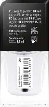 Tył przezroczystej butelki lakieru Wibo Extreme Nails 8,5 ml, czarna etykieta z białym tekstem, widoczny kod kreskowy.