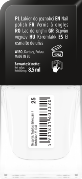 Tył butelki białego lakieru do paznokci Wibo 8,5 ml, etykieta z opisem w wielu językach, kod kreskowy.