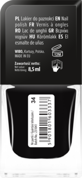 Tył czarnego lakieru Wibo Extreme Nails, etykieta z nr 34, pojemnością 8,5 ml, barcode i info w wielu językach.