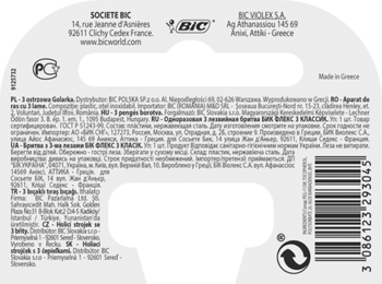 Tył monochromatycznego opakowania maszynki BIC Flex 3 Classic, z widocznym kodem kreskowym i danymi producenta.