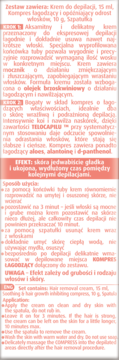 Etykieta zestawu do depilacji: krem z olejkiem brzoskwiniowym, kompres z Telocapilem i instrukcje.