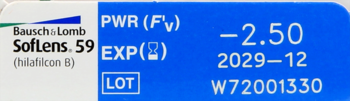 Close-up of Bausch + Lomb SofLens 59 contact lens packaging, showing power -2.50 and expiration 2029-12.