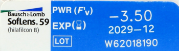 Etykieta soczewek Bausch & Lomb SofLens 59. Moc -3.50, termin ważności 2029-12. Widok z bliska.