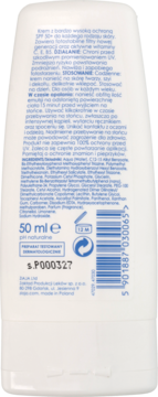 Tył białej tubki kremu Ziaja Sopot Sun SPF 50+ do twarzy, z polskim opisem i oznaczeniem "Testowany Dermatologicznie".