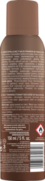 Tył brązowej butelki samoopalającego musu do twarzy i ciała 150 ml, widoczna etykieta z opisem, składem i ostrzeżeniami.