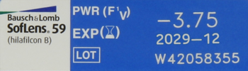 Bausch & Lomb SofLens 59 soczewki kontaktowe dzienne -3,75. Etykieta opakowania: 6 sztuk, ważność 2029-12.