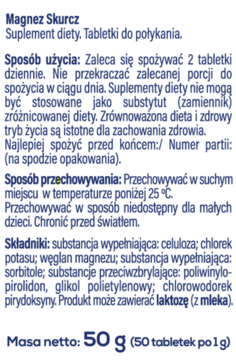 Tył opakowania Magnez Skurcz suplementu diety 50g. Widoczne składniki: magnez, potas, wit. B6 i instrukcje.