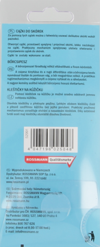 Tył niebieskiego opakowania cążek do skórek Rossmann z białym tekstem, kodem kreskowym i logo.