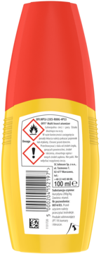 Tył żółto-czerwonego repelentu OFF! Protection Plus w butelce z atomizerem, widoczne ostrzeżenia o łatwopalności, barcode i 100 ml.