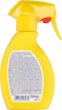 Tył żółtej butelki Sunozon emulsji do opalania dla dzieci SPF 30, z czarnym tekstem i kodem EAN.