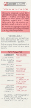 Tylna etykieta Alterra Olejek Granat BIO do twarzy: biała, z różowymi sekcjami, opisuje skład i działanie.