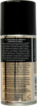 Tył czarnego profesjonalnego utrwalacza makijażu w sprayu, złota etykieta z polskim opisem.