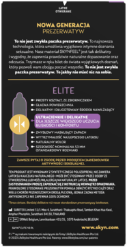 Tył opakowania Skyn Elite: ultracienkie prezerwatywy 53mm, gładkie, nawilżane, naturalny kolor. Opis technologii.
