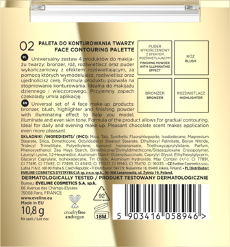Tył opakowania palety do konturowania twarzy nr 02, z kodem kreskowym i napisem DERMATOLOGICALLY TESTED.