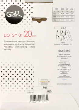 Tył opakowania beżowych rajstop Gatta Dotsy 01 20 den, wzorowanych w kropki, z opisem i tabelą rozmiarów.