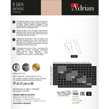 Karta produktu rajstop Adrian 15 DEN transparentnych: z opisem cech, rysunkiem nóg i tabelą rozmiarów.