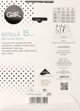 Tył opakowania rajstop Gatta Estella 15 den BB creme effect, z pełnym opisem produktu, tabelą rozmiarów i kodem QR.