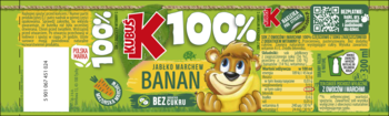 Etykieta soku przecierowego Kubuś 100% Banan z warzyw i owoców. Zielono-żółte, z małpką, bogaty w witaminy A, C i błonnik.