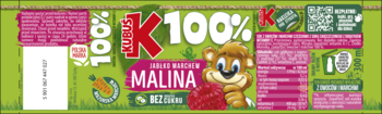 Etykieta soku Kubuś K 100% Malina, zielona z misiem i malinami. Bogaty w witaminy A, C i błonnik.