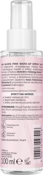 AA Pink Aloes Make-up Spray 2w1, tył przezroczystej butelki 100ml, z różową etykietą i opisem PL.