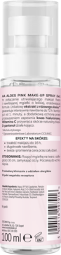 Tył AA ALOES PINK MAKE-UP SPRAY 2w1, przezroczysta butelka, różowa etykieta ze składem i pojemnością 100ml.