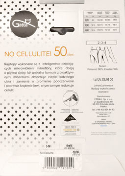 Tył białego opakowania rajstop Gatta No Cellulite 50 den, widoczny opis składu i działania.