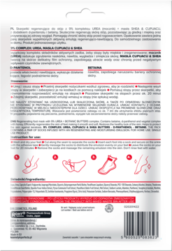 Tył opakowania skarpetek regenerujących do stóp z mocznikiem, masłem shea, instrukcje użycia.