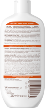 Eveline Cosmetics Balsam Ujędrniająco-Nawilżający 350ml, tył butelki z polskim i angielskim opisem składników.