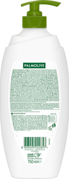 Tył białej butelki kremu pod prysznic Palmolive Naturals dla dzieci, z zieloną pompką, widoczny kod i instrukcje.