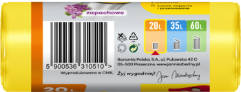 Tył żółtego opakowania zapachowych worków na śmieci z liliową grafiką, kod kreskowy, ikony 20L, 35L, 60L.