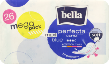 Front opakowania podpasek Bella Perfecta Ultra Maxi Blue. Widoczne etykiety: mega pack (26) i extra soft.