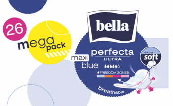 Bella Perfecta Ultra Maxi Blue, 26 ultracienkich podpasek, mega pack extra soft, widok z przodu opakowania.