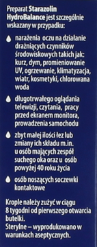 Niebieska ścianka opakowania kropli Starazolin HydroBalance z białym tekstem o wskazaniach do stosowania.