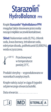Starazolin HydroBalance PPH krople nawilżające, etykieta produktu z listą składników i użyciem, widok z boku.