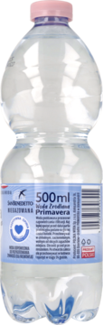 Niegazowana woda San Benedetto Primavera 500ml w przezroczystej butelce z różową nakrętką, widok tylnej etykiety.