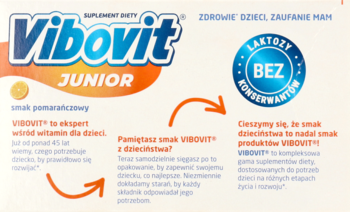 Front opakowania Vibovit Junior suplementu diety dla dzieci, pomarańczowy smak, bez laktozy i konserwantów.