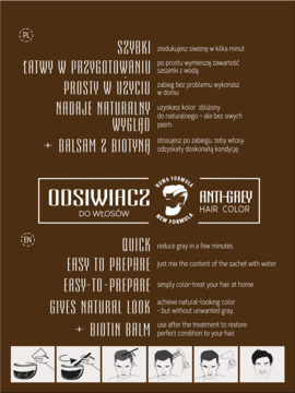 Ciemnobrązowy panel reklamowy odsiwiacza do włosów Camelo MEN, z opisem cech i ilustracjami użycia.