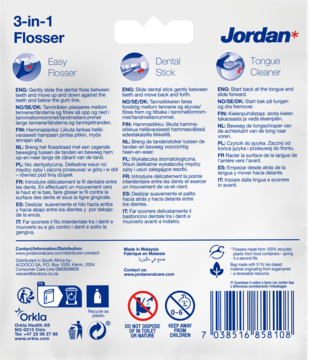 Tył opakowania Jordan 3-in-1 Flosser: instrukcje do nici, wykałaczki, czyścika do języka, logo Orkla i kod kreskowy.