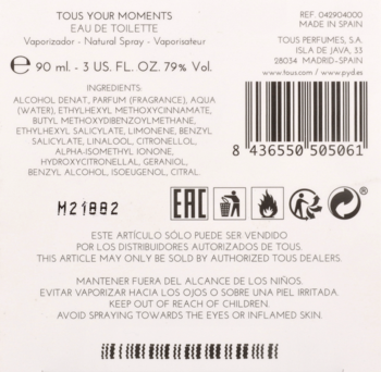 Tył beżowego opakowania perfum Tous Your Moments, z widocznym składem, kodem kreskowym i ikonami.