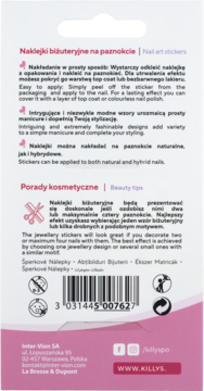 Tył biało-różowego opakowania naklejek biżuteryjnych na paznokcie z instrukcją użycia i kodem kreskowym.