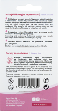 Tył opakowania naklejek biżuteryjnych Killys na paznokcie. Biało-różowe z instrukcjami, kodem EAN i logo.