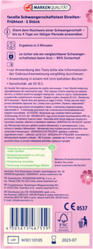 Tył różowo-fioletowego opakowania testu ciążowego Facelle, z kodem, datą ważności i symbolami CE/FSC.