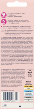 Tył różowego opakowania testu ciążowego Facelle z informacjami o 99% pewności, wynik w 3 minuty i kodem EAN.