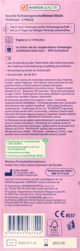 Różowy tył opakowania domowego testu ciążowego facelle, z białymi napisami, kodem kreskowym i ikonami recyklingu.