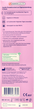 Różowy tył opakowania testu owulacyjnego Facelle słupkowego, 5 szt., z niemieckim opisem i kodem kreskowym.