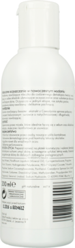 Tył białej butelki mleczka micelarnego 200ml, z polską etykietą, kodem kreskowym i białym zamknięciem.