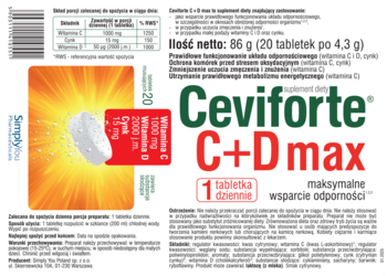 Opakowanie suplementu Ceviforte C+Dmax z witaminą C i D. Na froncie tabletka otoczona blaskiem dla odporności.